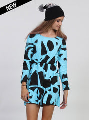 TWISTER DRESS AQ/BLK SPRAY