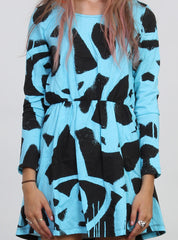 TWISTER DRESS AQ/BLK SPRAY